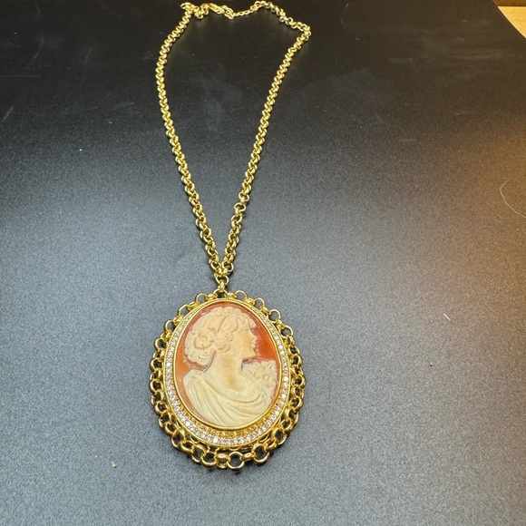 Amedeo Pave CZ Cameo Carved Large Pendant w/ Gold tone Chain - Picture 2 of 4